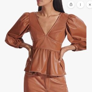 STAUD Brown Faux Leather Peplum Top with Puff Sleeves